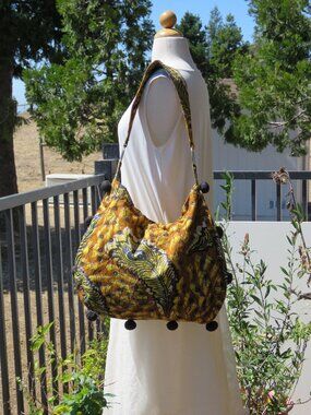 Colorful African Peacock Feather Pom Pom Large Tote Bag - Handmade in Tanzania
